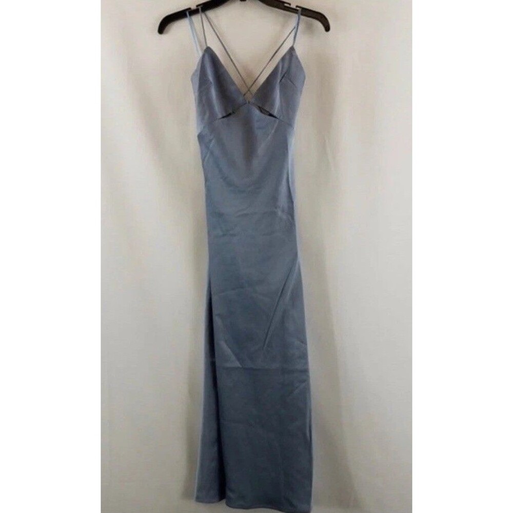 NWT ACOA Satiny Blue Spruce Sexy Open Back Backless Tie Satin Dress Sz Medium M